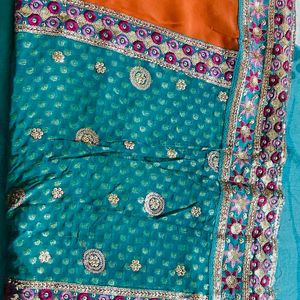 Embroidered Embellished Coral Turquoise Sari