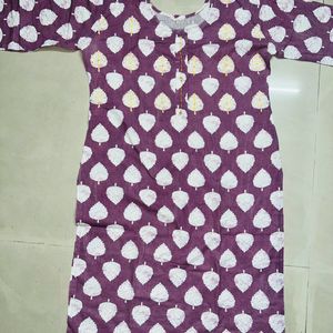 Leaves Printed Round Neck Light Purple Kurta