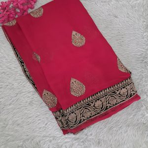 Red With Black & Gold Laced Saree(women's)