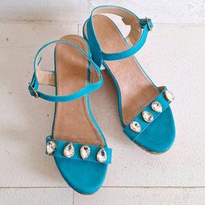 Turquoise Blue And Brown Wedge Heels