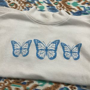 White Crop Top With Blue Butterflies