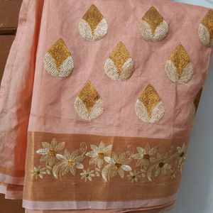 Peach Colour Saree (Unstitched Blouse)