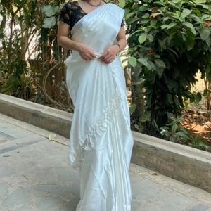 White Satin Saree With Stitched Blouse