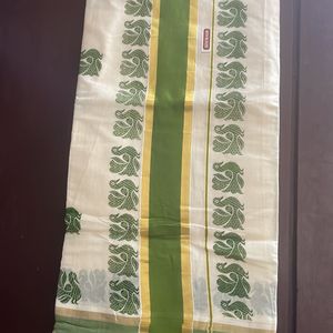 Handloom Saree Golden Kasavu. Blouse Attached