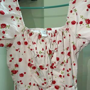 White_red Colour Flower Rose Printed Dress