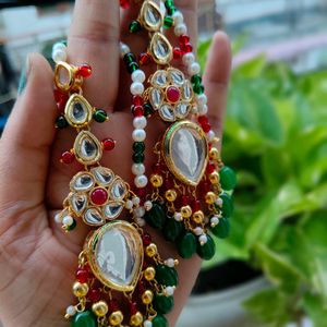 👌Long Kundan Earings With Ear Chain .