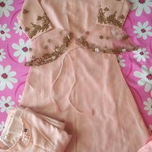 Peach Embroidered Partywear 3 Piece Set For Girls.