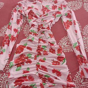 Floral Long Sleeve Runched Bodycon Dress