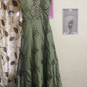 Pista And Navy Full Work Gown With Heavy Duppatta