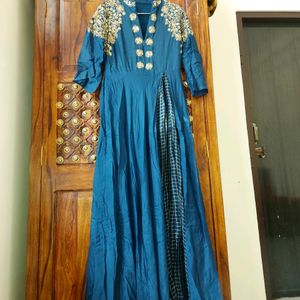 Navy Blue Chinon Handwork Straight Gown