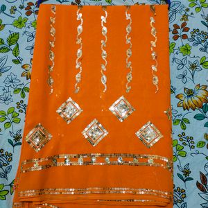 Orange  Saree Chamki Work