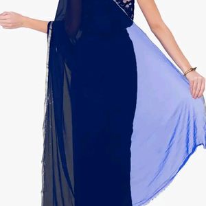 Dark Blue Chiffon Saree With Golden Border