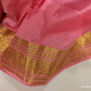 Pink Silk Paavadai With Gold Zari Border