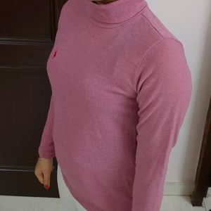 Women Pink Turtle Neck Full Sleeves Wool Sweater