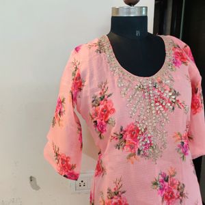 Kota Doria Floral Kurta With Gota Neckline