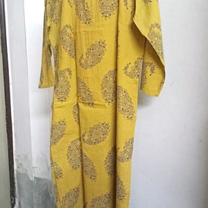 Mustard And Blue Printed Cotton Kurta