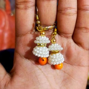 White and Orange Moti Earrings