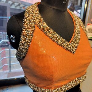 Orange Designer Stone Embroidery Blouse