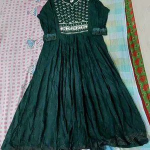 Dark Green Cotton Anarkali With Beautiful Work