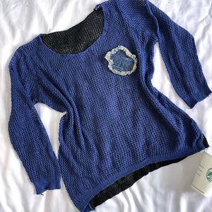 Y2k Oversized Crochet Black & Blue Pullover Top