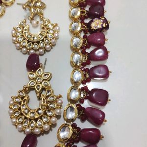 long Kundan And Real Natural Stone Necklace Set