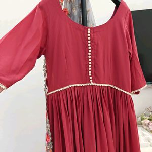 Coral Brick Red Flared Kurta With Dupatta