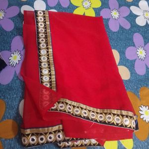 Red Saree With Stiched Blouse