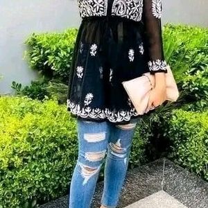 Black With White Printed Kurti