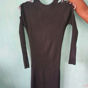 black ribbed woolen dress shoulder cutout 🔥