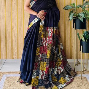 Pure Cotton With Ajrakh Hand Block printed Saree