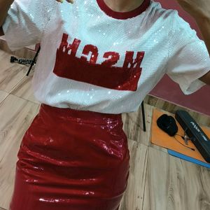 Leather Cute Red Skirt With Shiny T-shirt