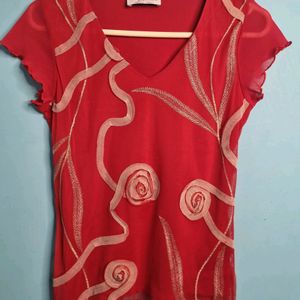 Red Boxy Top With Golden Floral Design.