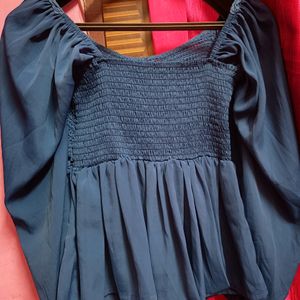 Beautiful New Front Crochet Rusted Blue Top