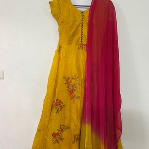 Yellow Floral Cotton Anarkali Kurta With Dupatta