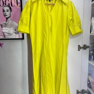 Neon Yellow Ankel Length Dress With Puff Sleeves