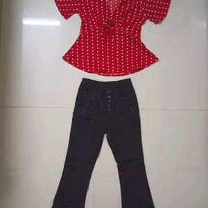 Combo Red Crop Top And Black Bell Bottom Jeans