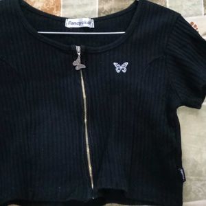 Korean Butterfly Embroidery Black Crop Top