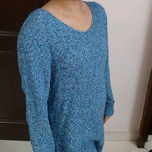 Women Blue Oversized Knitted Cotton Sweater