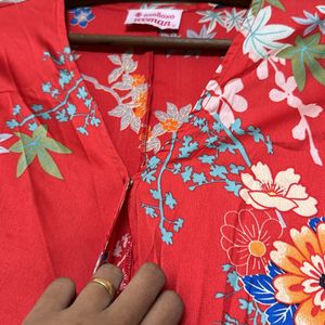 Red Floral Flared Sleeves Wrap Top