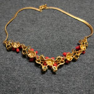 Pretty Red Coral And Green Jade Gold Plated Flower