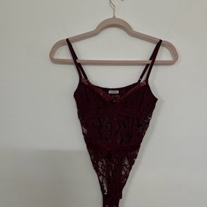 Burgundy Lace Detail Fitted Bodysuit