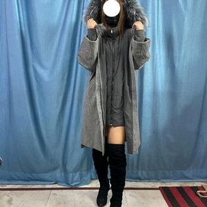 Grey Dress Plus Hood Overcoat With Fur