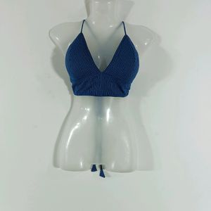 Blue Embroidered Backless Crop Top (Women)