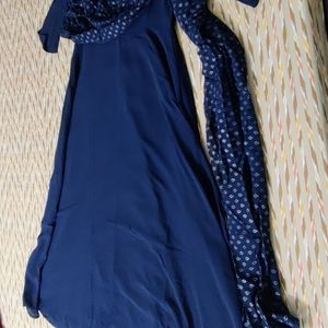 Navy Blue Floor Length Gown With Attached Dupatta