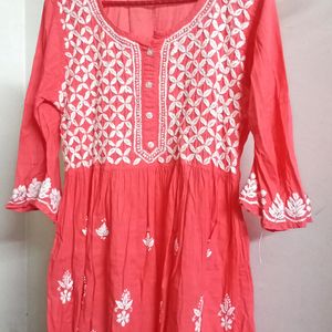 Coral Chikankari Cotton A-line Kurta