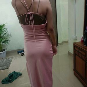 Peach Colour Silk Backless Dress.