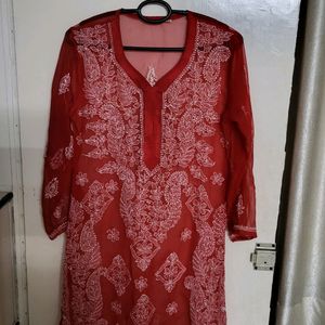 Women RED Chikankari Kurta