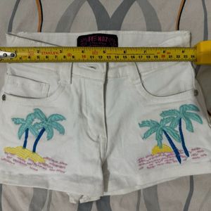 Embroidered White Denim Shorts