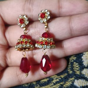 Oxidised Jhumka And Small Red Earrings