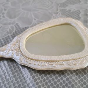 Ivory White Hand Mirror with carved roses